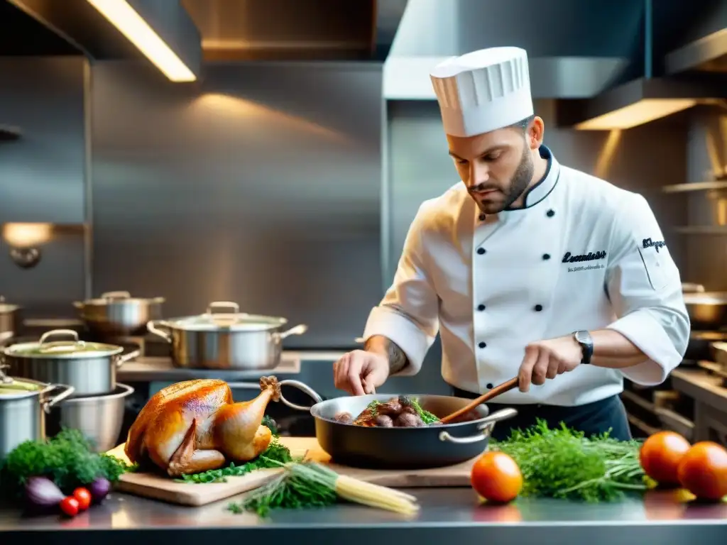 Un chef francés deshuesando un pollo con precisión en una cocina profesional