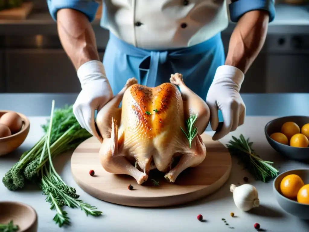 Un chef francés deshuesando un pollo con maestría en una cocina rústica