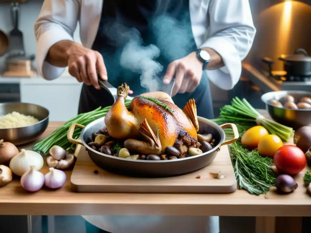 Un chef francés deshuesando un pollo para un Coq au Vin, rodeado de ingredientes frescos en una cocina parisina bulliciosa