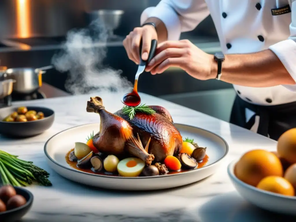 Chef francés preparando Coq au Vin con maestría en cocina profesional Un chef francés deshuesando un pollo para Coq au Vin, rodeado de ingredientes tradicionales franceses