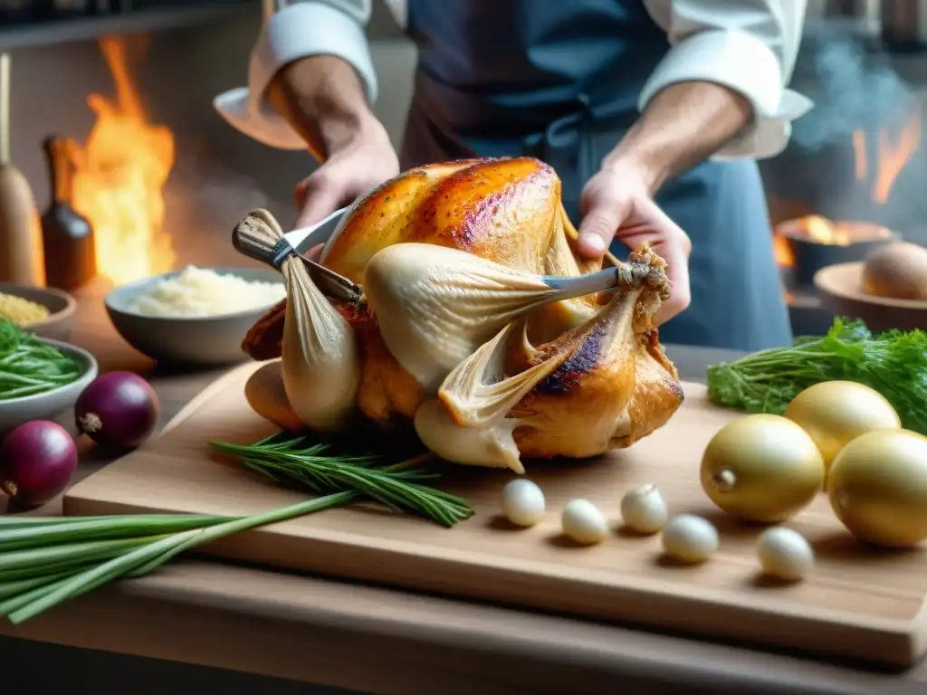 Chef francés deshuesando un pollo con destreza en cocina tradicional francesa