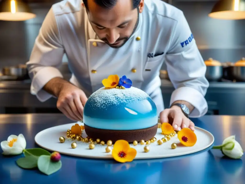 Chef francés creando postre azul en cocina parisina