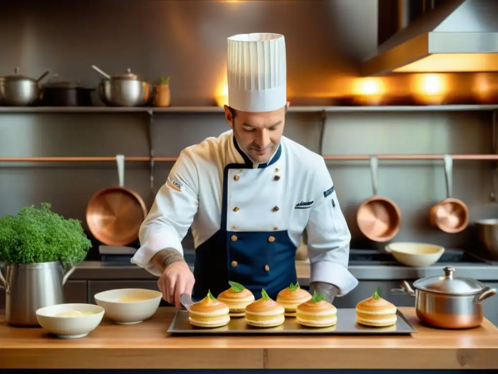 Un chef francés elaborando un postre en una cocina elegante y rústica, transmitiendo innovaciones culinarias gastronomía francesa