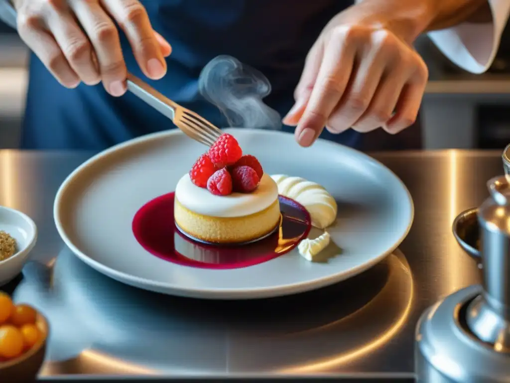 Un chef francés creando un postre delicado con destreza y pasión en una cocina bulliciosa