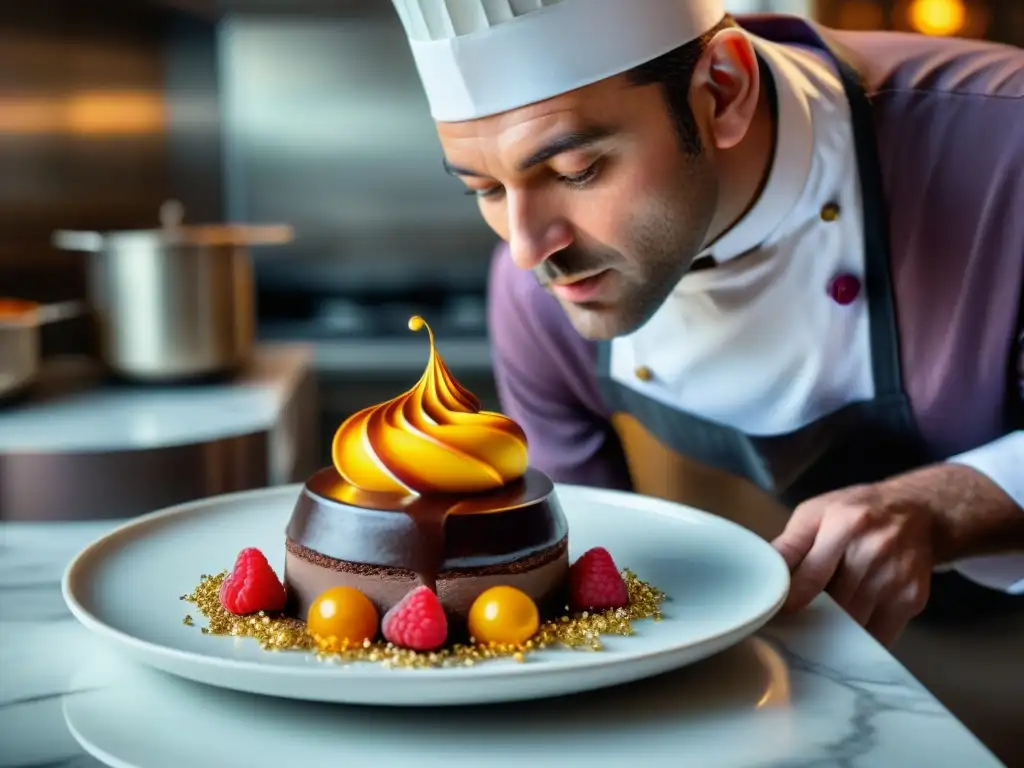 Un chef francés decorando un postre con sabores de la gastronomía francesa