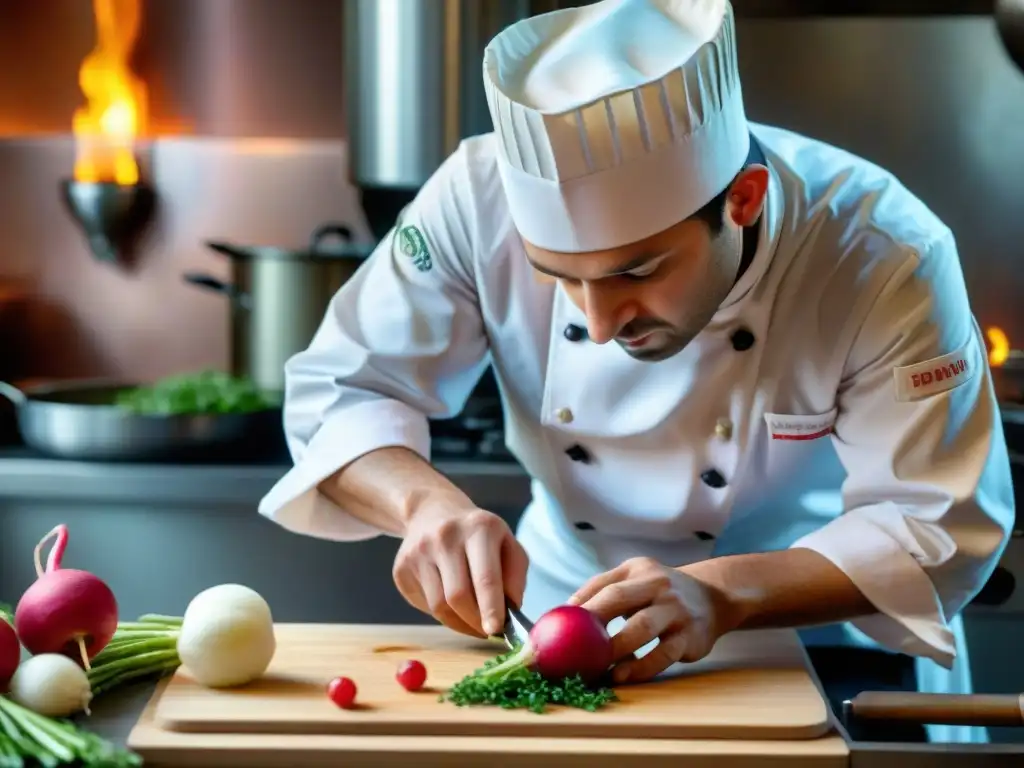 Un chef francés tallando con precisión un diseño floral en un rábano, demostrando habilidad y tradición francesa en tallado de alimentos