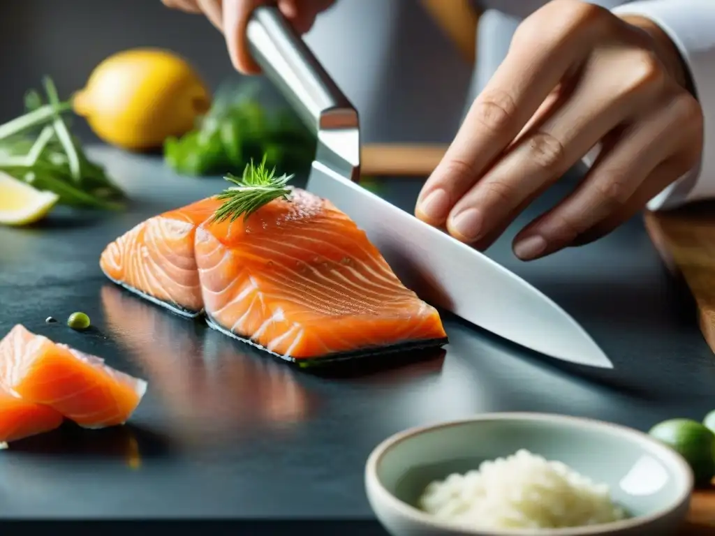 Un chef francés cortando con precisión un filete de salmón, destacando la técnica en la receta de carpaccio de salmón