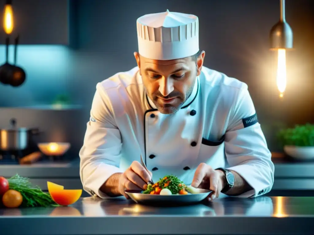 Un chef francés creando con precisión un plato en una cocina moderna, reflejando innovación gastronómica en la cocina francesa