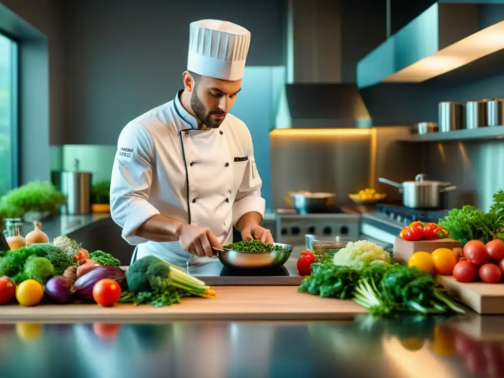 Un chef francés preparando con precisión un plato gourmet nutritivo en una cocina profesional, con ingredientes frescos y coloridos