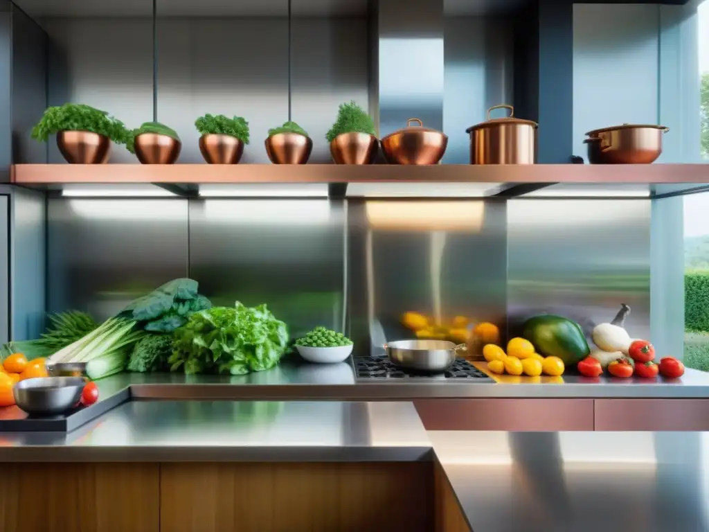 Un chef francés cortando con precisión vegetales frescos en una cocina de alta gama, demostrando su destreza en técnicas avanzadas culinarias