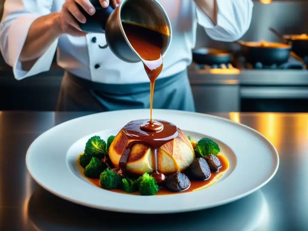 Chef francés experto en salsa: arte culinario en acción Un chef francés premiado con concentración, sirviendo salsas gourmet en una cocina elegante y bulliciosa