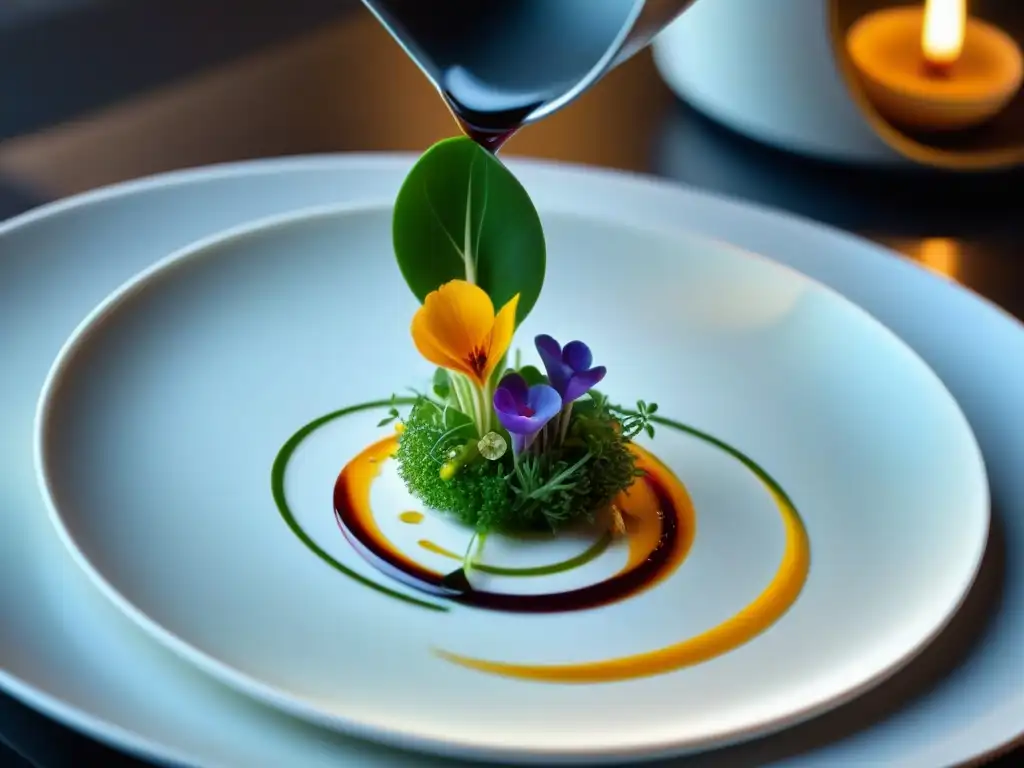 Chef francés creando una presentación atractiva de platos gastronomía francesa en cocina de restaurante con estrella Michelin