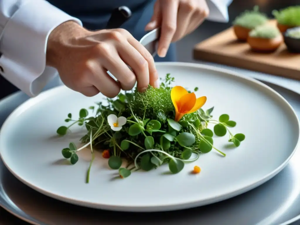 Un chef francés innovando en la presentación de platos con detalle y precisión