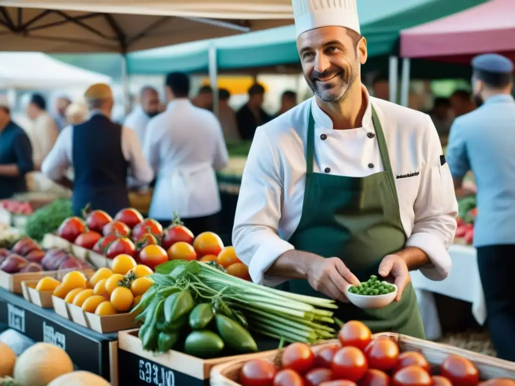 Un chef francés seleccionando productos frescos en un mercado al aire libre, representando la cocina sostenible en Francia