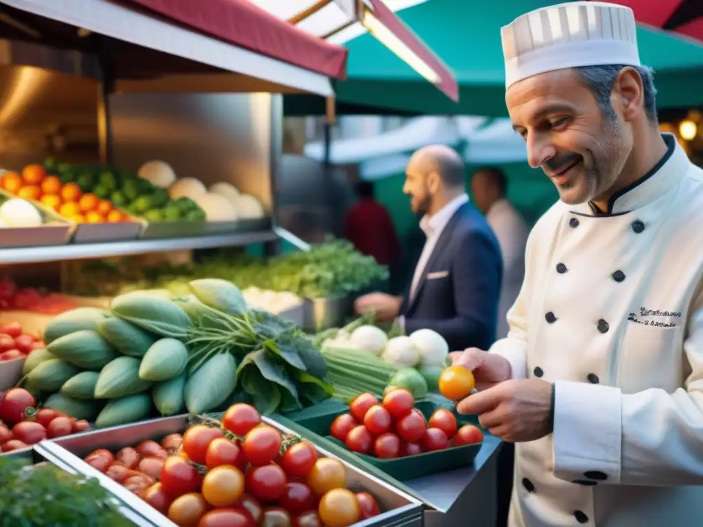 Un chef francés selecciona productos frescos en un bullicioso mercado parisino para su restaurante sostenible