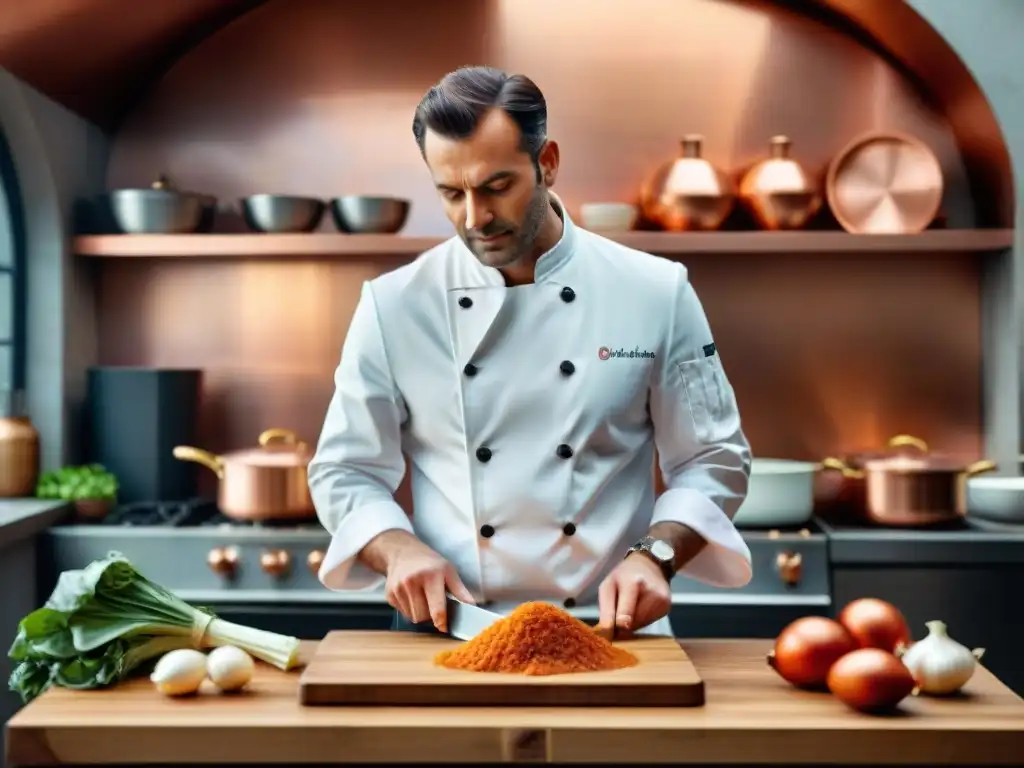 Un chef francés profesional cortando chalotes en una cocina francesa clásica, detallada y llena de utensilios de cobre