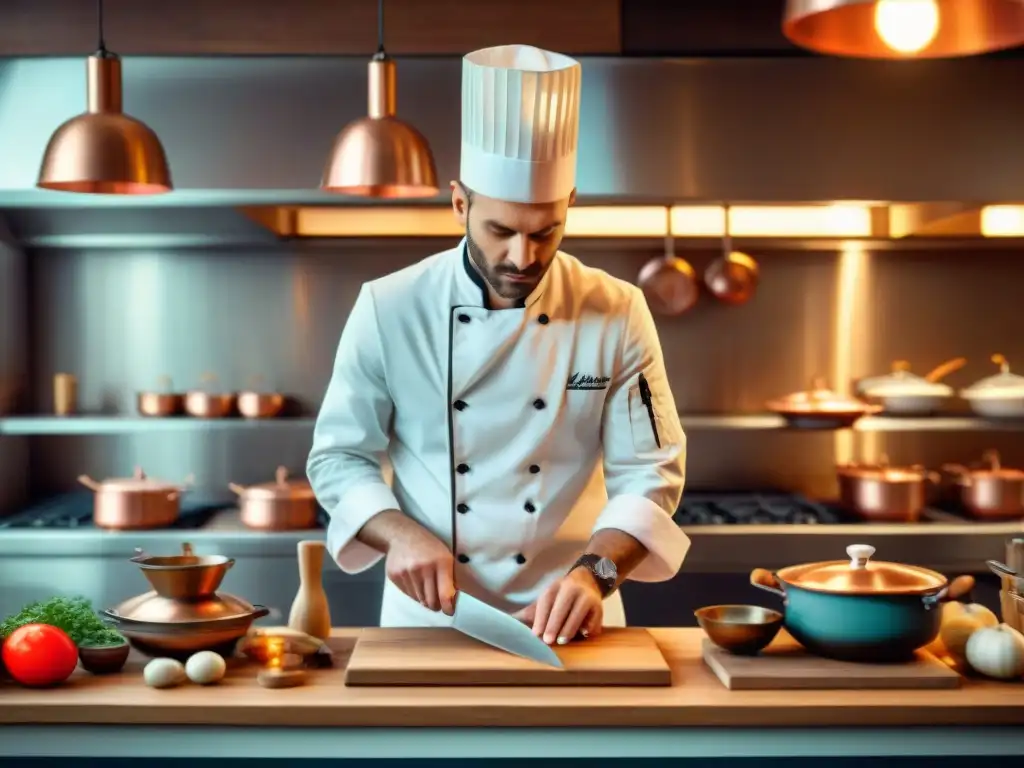 Un chef francés profesional preparando una deliciosa receta en una cocina tradicional, rodeado de utensilios de cobre y cuchillos antiguos