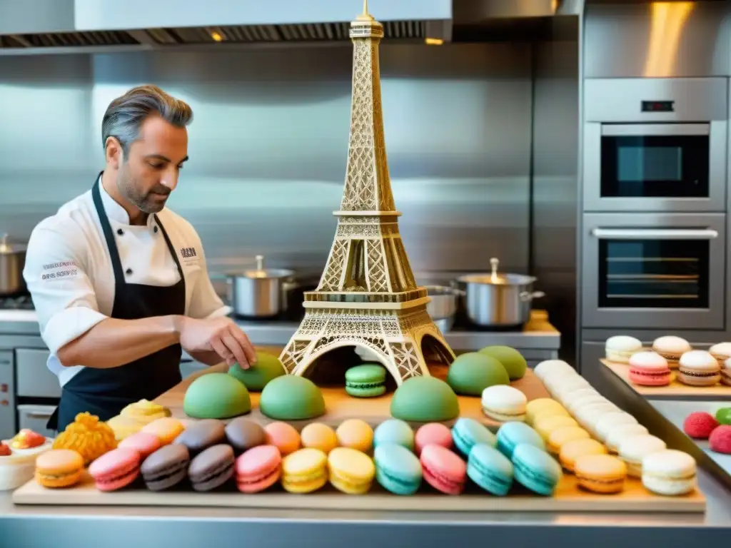 Un chef francés profesional crea una escultura de azúcar en forma de la Torre Eiffel, rodeado de macarons y pasteles elaborados