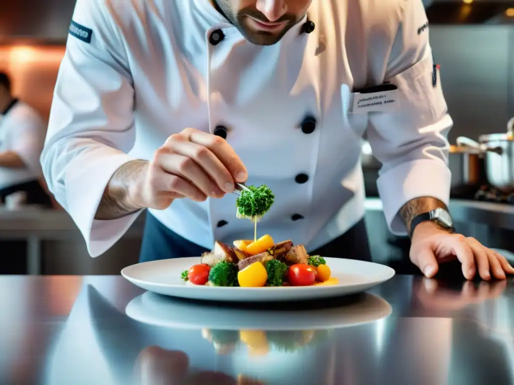 Un chef francés profesional crea una obra de arte culinaria con ingredientes clave en una cocina de alto rendimiento