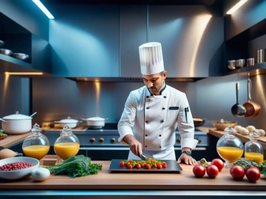 Un chef francés profesional preparando un plato clásico con utensilios de alta tecnología