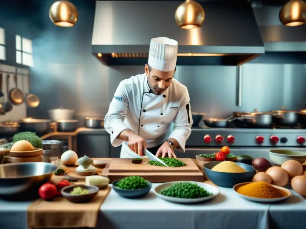 Un chef francés profesional ejecutando técnicas de cocina francesa avanzadas en una cocina bulliciosa