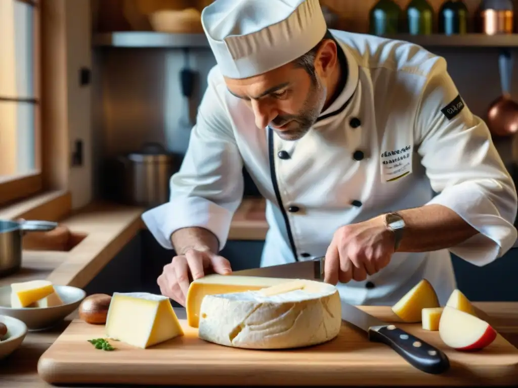 Un chef francés cortando queso Brie en una cocina acogedora