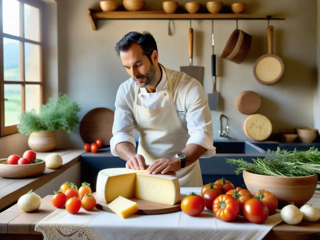 Un chef francés cortando queso Comté en una cocina rústica, con ingredientes frescos de la gastronomía francesa