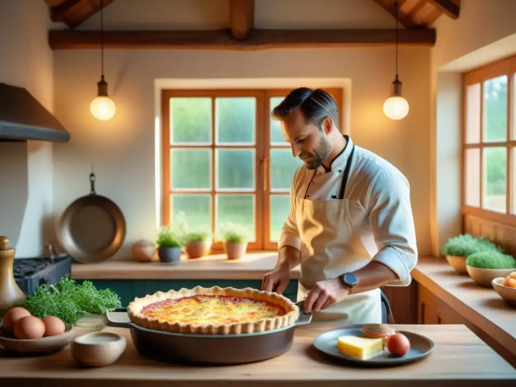 Un chef francés preparando una Quiche Lorraine en cocina tradicional de Lorraine