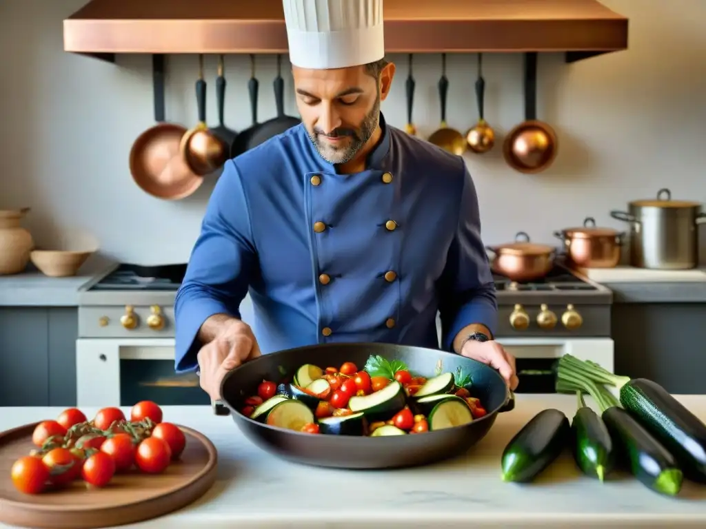 Un chef francés preparando ratatouille en una cocina mediterránea rústica