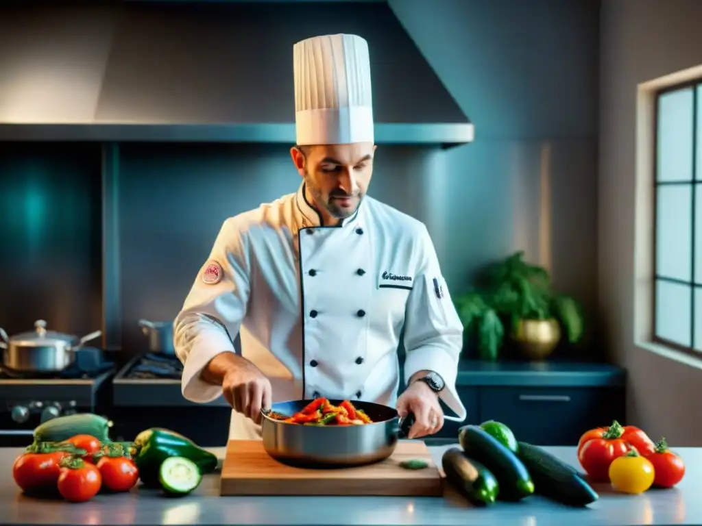 Un chef francés preparando ratatouille en una cocina provenzal, rodeado de ingredientes frescos