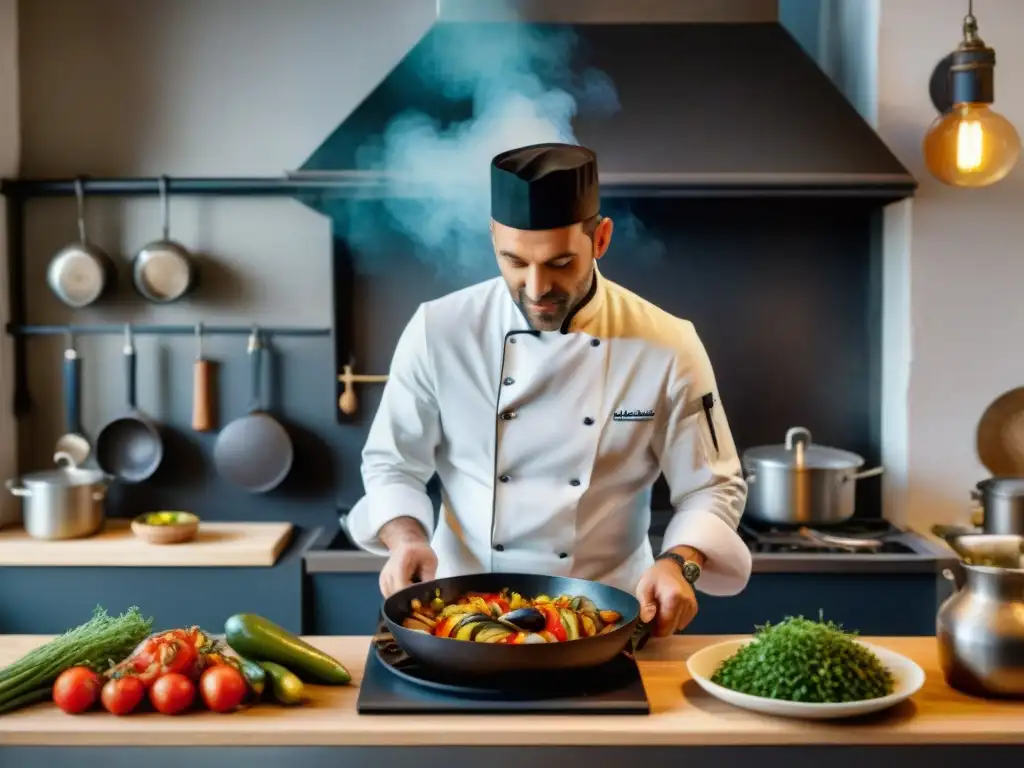 Un chef francés preparando ratatouille en una cocina tradicional, reflejando la esencia de la cocina francesa vegetariana innovadora tradicional