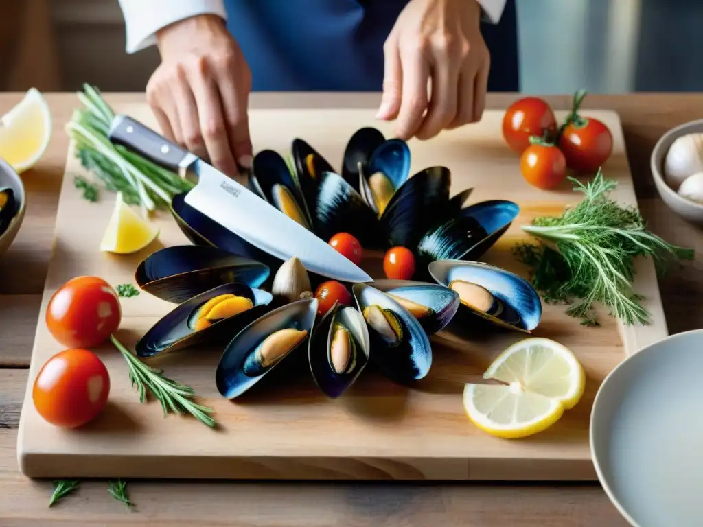 Un chef francés preparando una receta auténtica Bouillabaisse provenzal con mariscos frescos y coloridos ingredientes