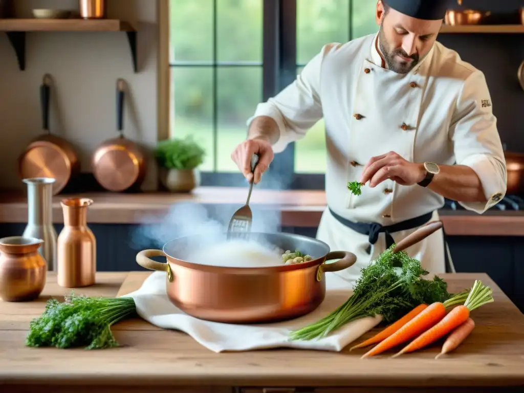 Un chef francés preparando una receta de Blanquette de Veau en una cocina rústica con ollas de cobre