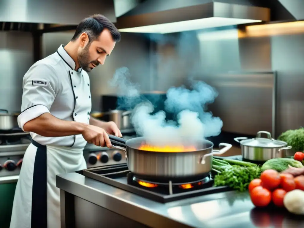 Un chef francés preparando una receta clásica con dedicación en una cocina profesional, ideal para aplicaciones de recetas francesas