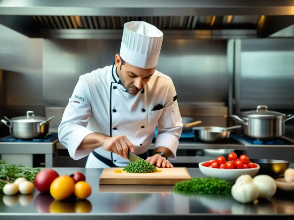 Un chef francés preparando una receta clásica con un toque moderno en una cocina elegante