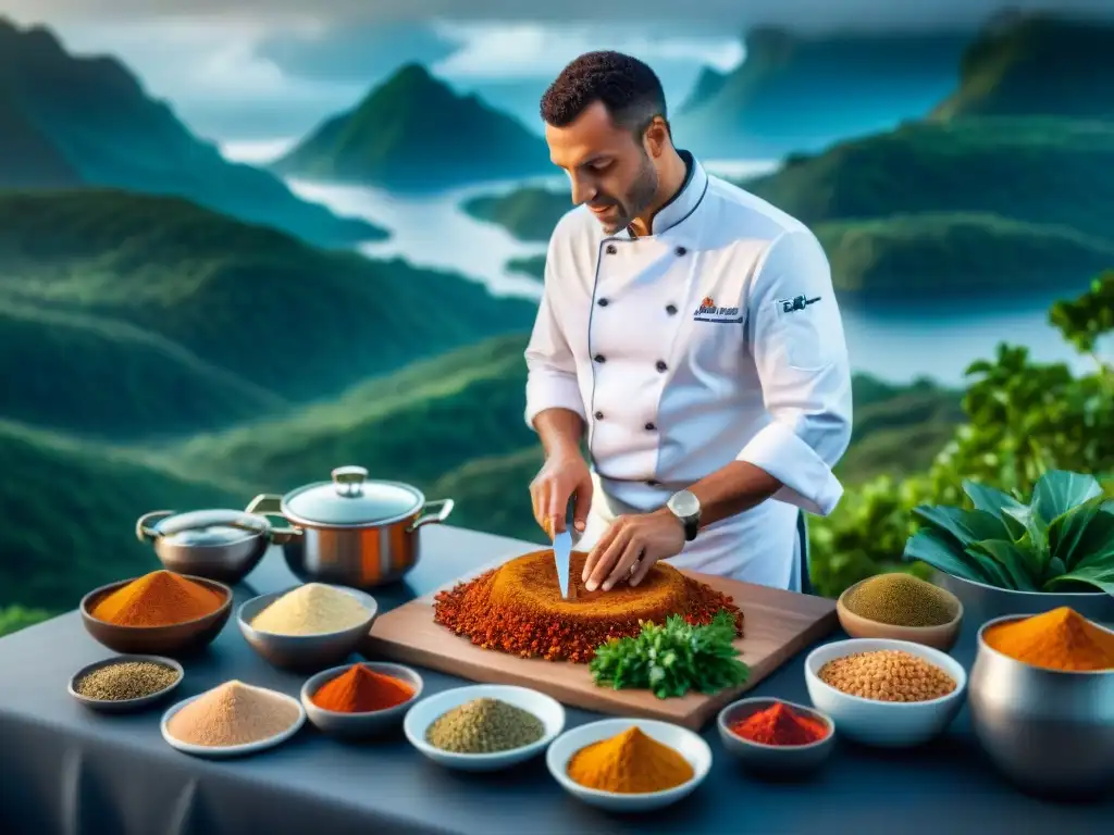 Un chef francés preparando una receta exótica en Mayotte, con ingredientes vibrantes y paisajes impresionantes