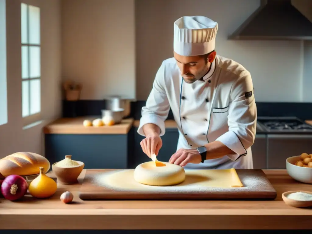 Un chef francés preparando una receta flammekueche tradicional en una cocina acogedora