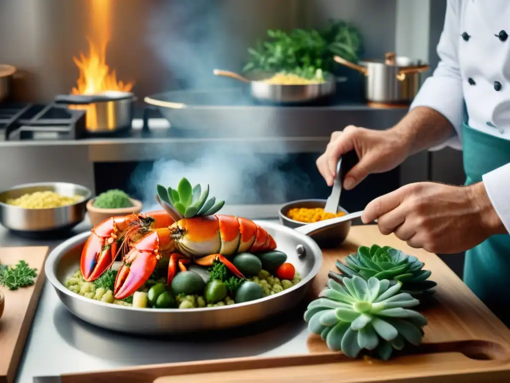 Un chef francés preparando una receta Langosta Armoricana en una cocina profesional