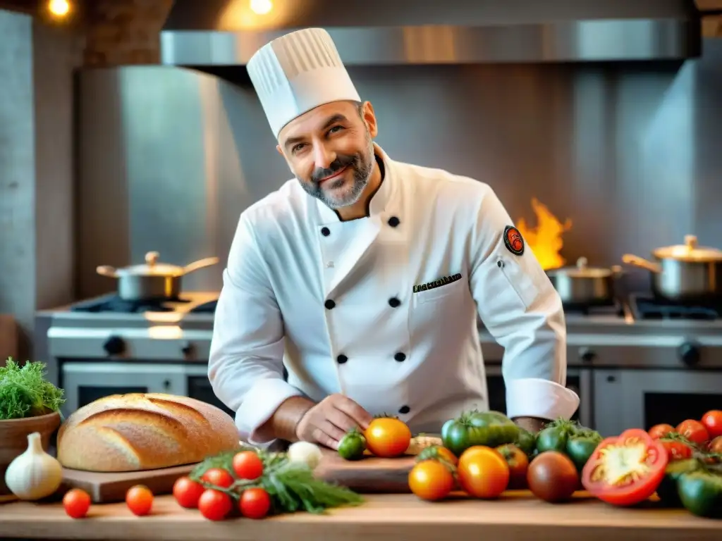 Un chef francés preparando una receta tradicional con pasión, rodeado de ingredientes frescos