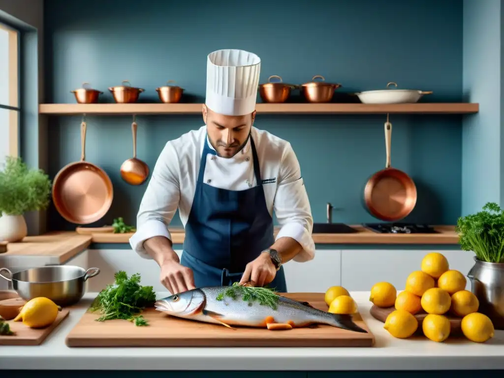 Un chef francés preparando con maestría una receta tradicional francesa de Sole Meunière, rodeado de utensilios y ingredientes clásicos