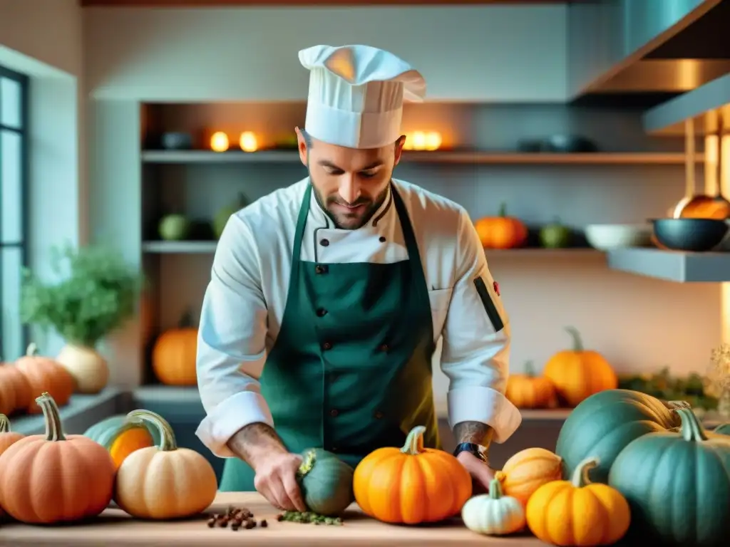 Un chef francés preparando recetas con calabazas francesas gourmet en una cocina tradicional