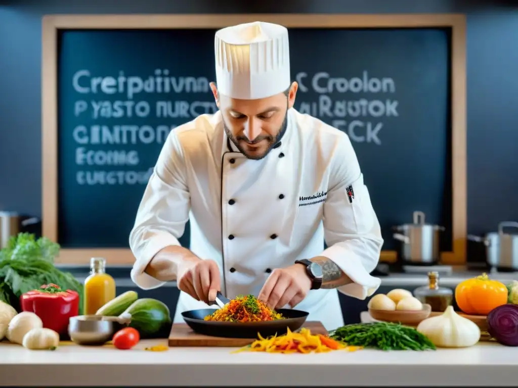 Un chef francés preparando recetas cero desperdicios en una cocina parisina bulliciosa