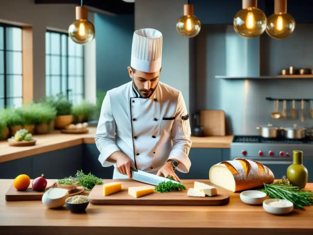 Chef francés creando recetas innovadoras con sobras en cocina moderna, evocando creatividad y sofisticación culinaria