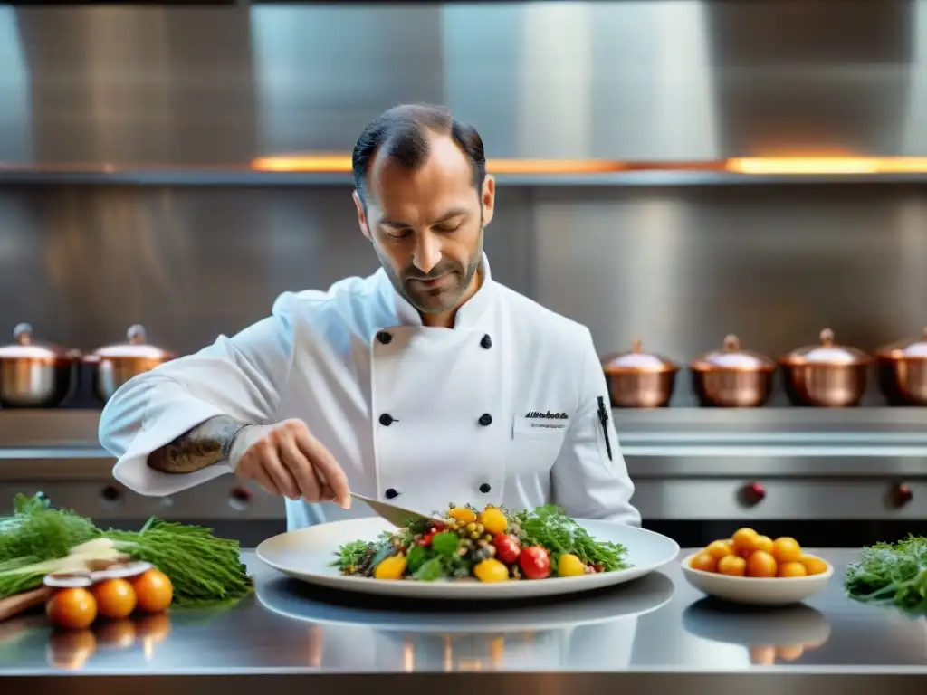 Chef francés estrella Michelin creando obra culinaria Un chef francés reconocido con estrella Michelin en una cocina de vanguardia, creando una obra de arte culinaria