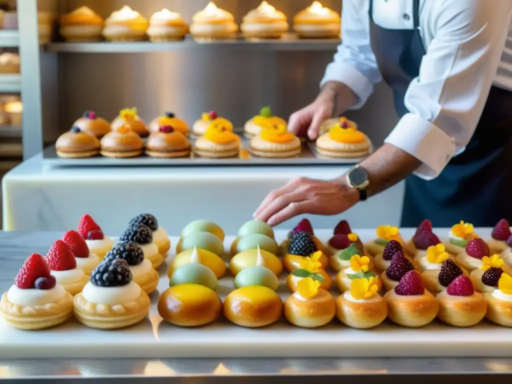 Un chef francés renombrado crea un arcoíris de pastelería francesa con maestría en un elegante mostrador de mármol blanco