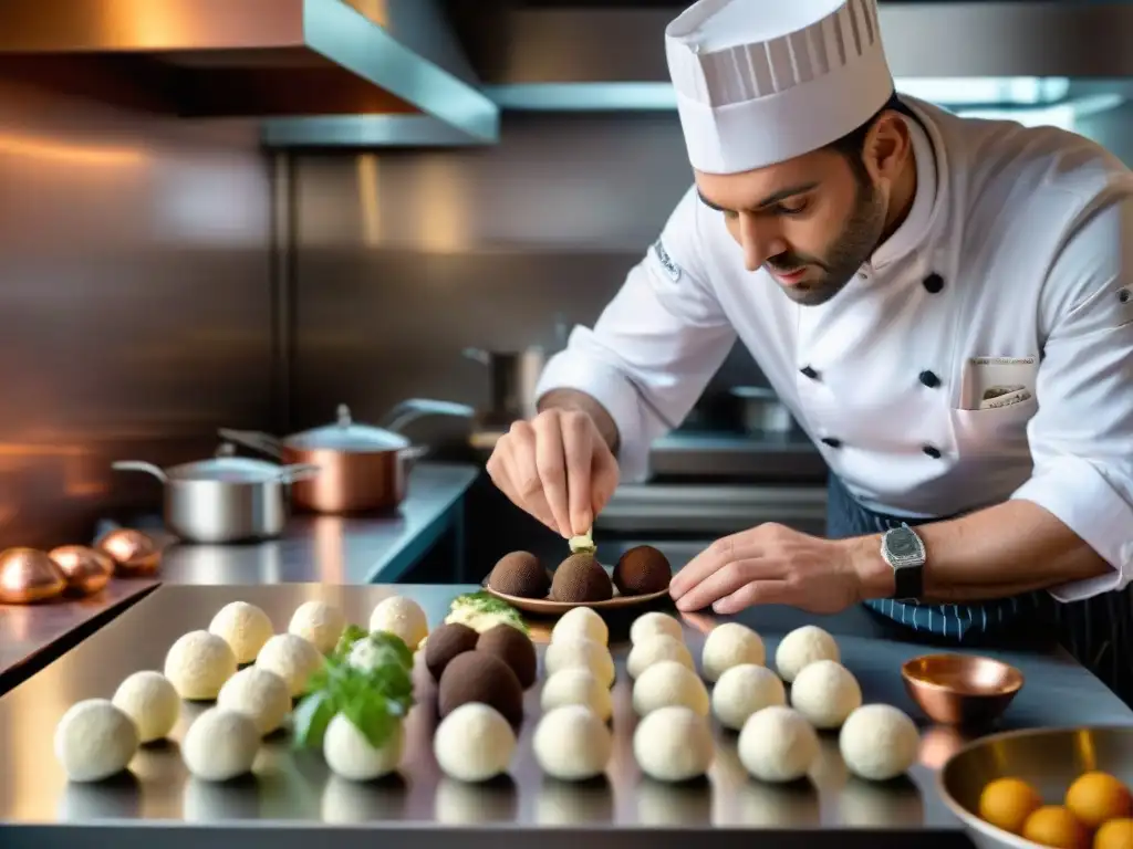 Un chef francés renombrado preserva la autenticidad y elegancia de la cocina francesa al decorar trufas en un plato exquisito