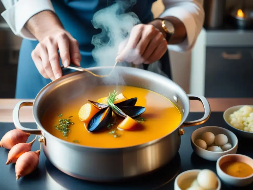 Un chef francés renombrado añade delicadamente azafrán a su bouillabaisse en una cocina rústica