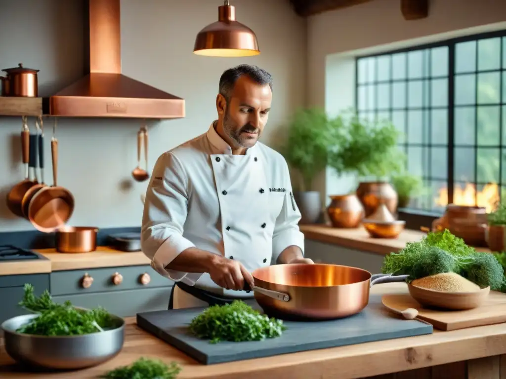 Un chef francés renombrado dirige una clase de cocina en una cocina francesa rústica y elegante