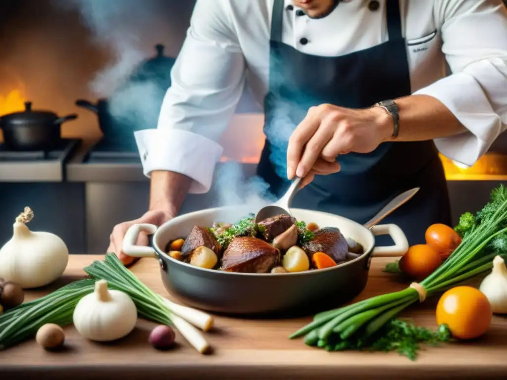 Un chef francés renombrado preparando un clásico Coq au Vin en una cocina tradicional francesa