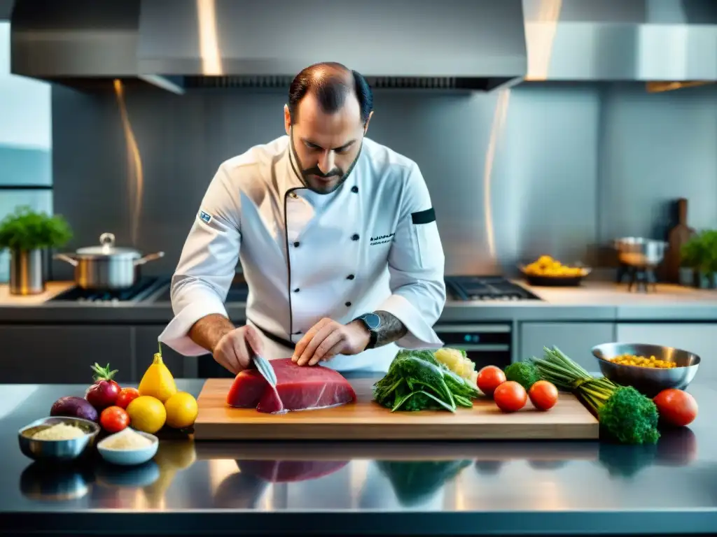 Un chef francés renombrado prepara con precisión en una cocina moderna, utilizando técnicas de cocina al vacío